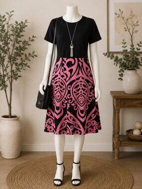 Nemidor Black & Pink Patterned Midi Dress | Size 16W | Like New